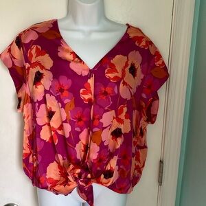 DR2 satin tie bottom blouson floral blouse NWT